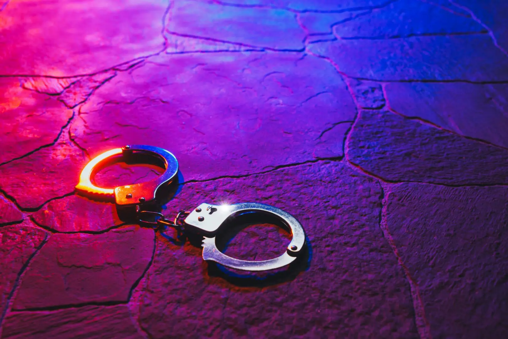 Handcuffs on purple-lit stone floor