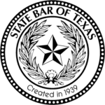 A black and white image of the state bar of texas seal.